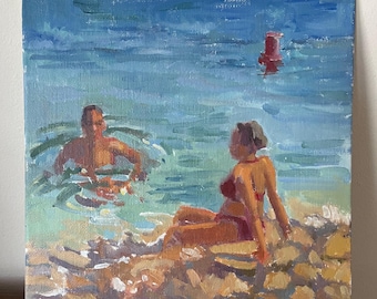 Pintura al óleo de la Riviera Francesa: Bañistas de verano, arte playero del sur de Francia (8x8)