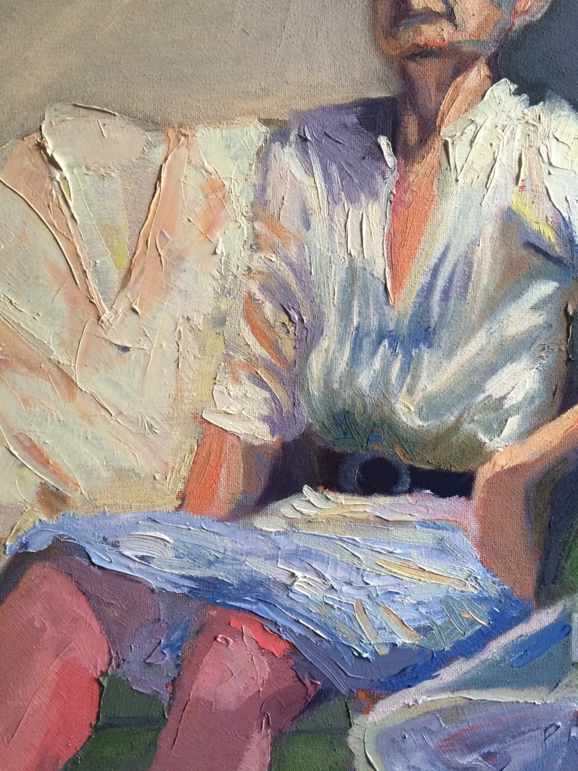 Original Oil Painting, Female Figure Sitting With White Clothes in Studio, Painting on Canvas