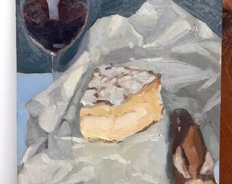 Stillleben Essen Ölgemälde Brie Wein und Käsebrot original Ölgemälde auf Leinwand