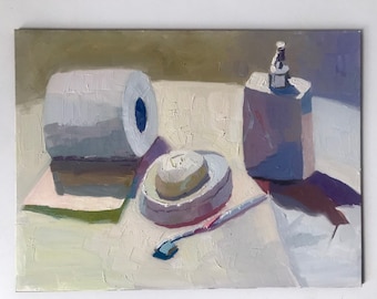 Dipinto a olio di natura morta in bagno bianco, pannello di tela 8x10"