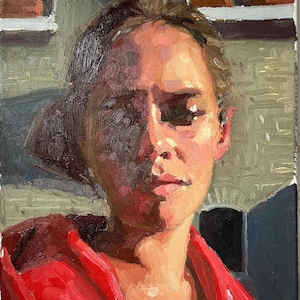Fine art oil painting on canvas small portrait woman in the sun