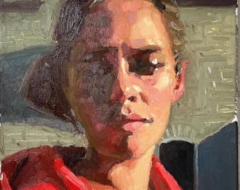 Fine art oil painting on canvas small portrait woman in the sun