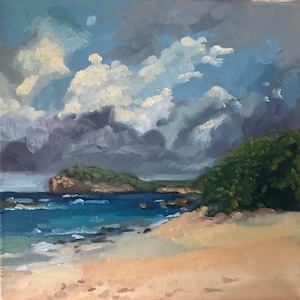 Paisaje óleo sobre lienzo Playa paisaje isla tropical océano plein aire arte, playa de mar en paisaje de Guadalupe Caribe