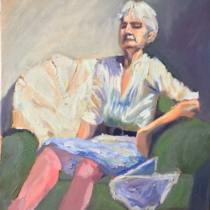 Original Oil painting, Female figure sitting with white clothes in studio, Painting on Canvas, figurative art, gift, wall art, original art
