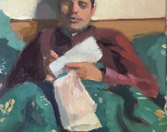 Male portrait reading original art painting on canvas figurative art