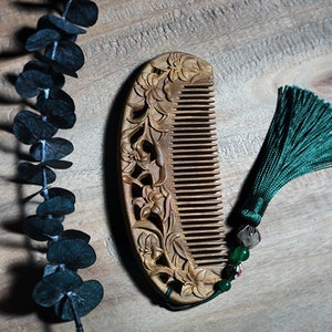 Handmade Seamless Natural Green Sandalwood Massage Comb,  Anti Static Pocket Wooden Comb , Chinese style Carved comb,  gift for her -- K003