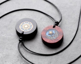 Sun / Moon Ornaments Pendant Necklace, Sandalwood Couple Necklace, Stitching Magnetic Engraving Necklace,  Couple of Gifts for Loves -- X001