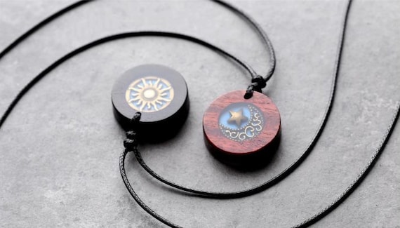 Sun / Moon Ornaments Pendant Necklace, Sandalwood Couple Necklace, Stitching Magnetic Engraving Necklace,  Couple of Gifts for Loves -- X001
