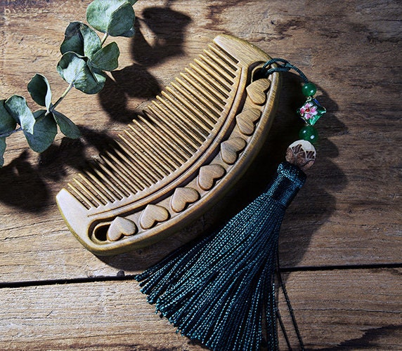 Handmade Seamless Natural Green Sandalwood Massage Comb, Anti Static Pocket Wooden Comb, Chinese style Carved comb, gift for her - K018
