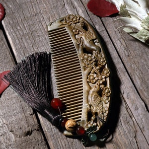 Handmade Seamless Natural Green Sandalwood Massage Comb,  Anti Static Pocket Wooden Comb , Chinese style Carved Comb,  Gift for her -- K005