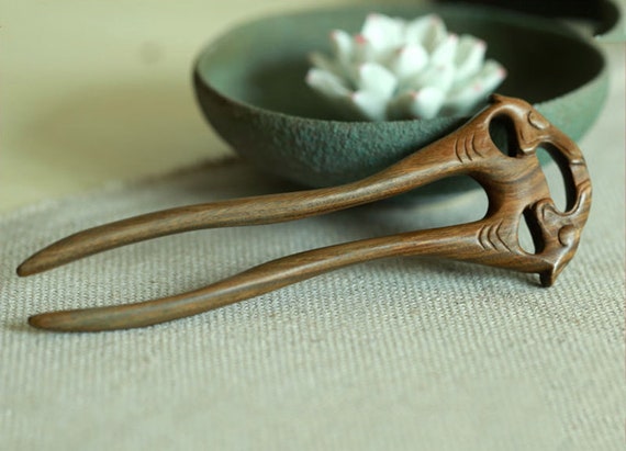 Natural Wood Hair Stick Double Prong Antique Carved Hairpin Wooden Carved Hair Stick / Hair Fork 2 Prongs / Hair  main image 4