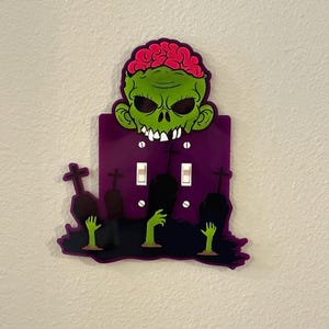 Zombie Light Switch Cover – Spooky Halloween Wall Plate with Graveyard Hands & Brains – Horror Acrylic Switchplate for Double Toggle