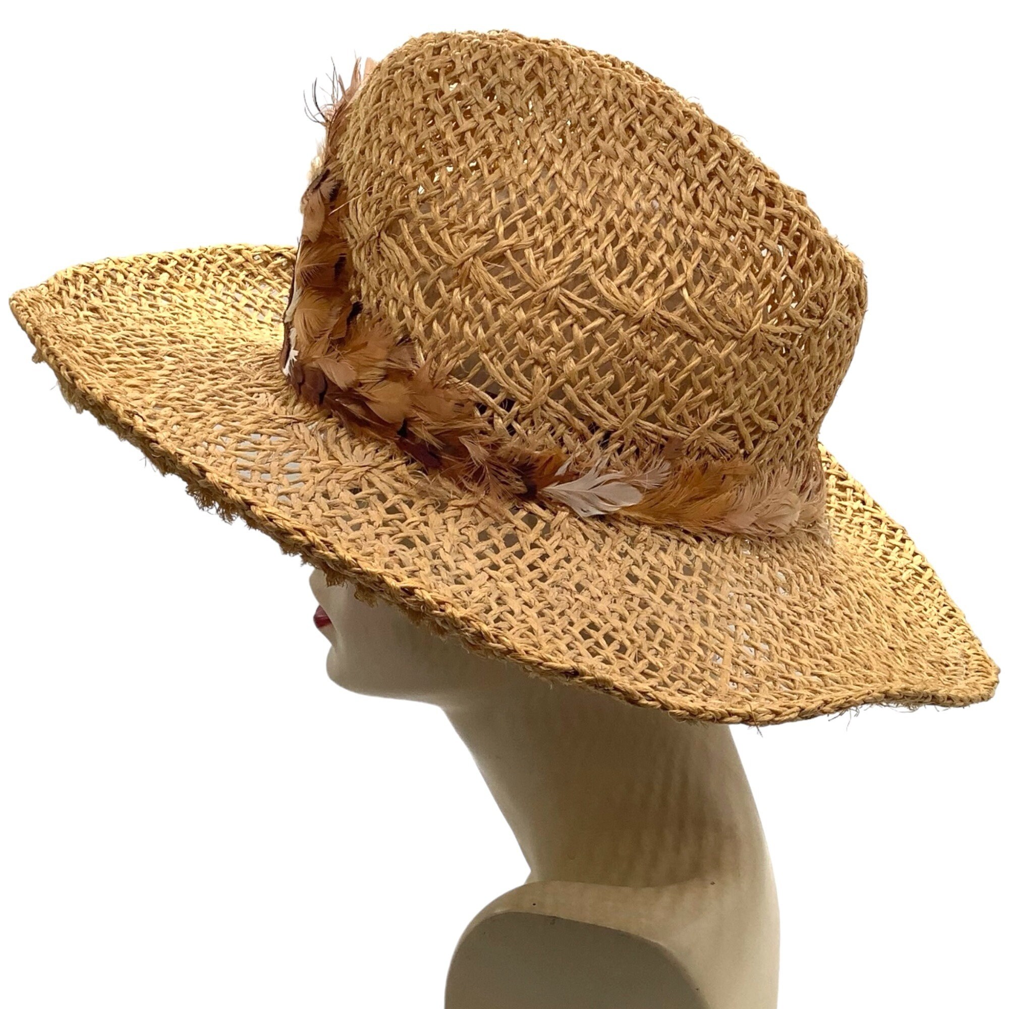 VINTAGE Handmade Straw Cowboy Hat Feather Band Summer Sun  display picture 2