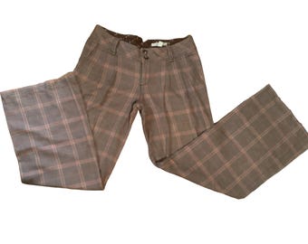 Vintage FREE PEOPLE Sz 4 Wide Leg Pants Low Rise Brown Plaid Trousers Slacks