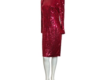 Vestido vintage de lentejuelas de Oleg Cassini: rojo, estilo cóctel de los 80, talla 12