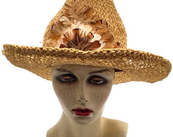 VINTAGE Sombrero de vaquero de paja hecho a mano Banda de plumas Sol de verano Panamá Rafia Vaquera