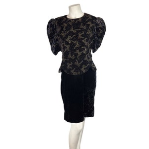 Vintage Scott McClintock Velvet Dress Puff Sleeve Gold Bow Print Size 14 Petite