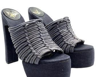 TRUE VINTAGE Sandalias de plataforma enjauladas de macramé de los años 70 Tacón grueso Coruña de Noble