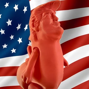 May include: A red 3D printed figurine of a person with a hairstyle and facial features resembling Donald Trump. The figurine is standing in front of an American flag.