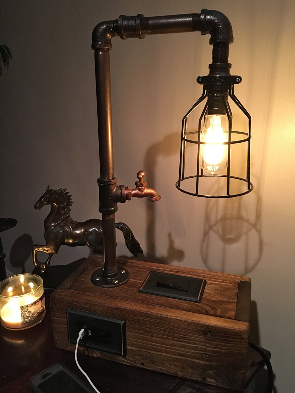 Rustic Industrial Table Lamp w/ 2 USB Chargers and Outlet Etsy