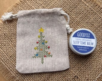 Sleep Time Balm + Gift Bag with hand stamped Xmas tree. A Christmas Stocking or Eve Box filler handmade, 100% organic + ecofriendly