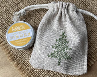 Pick Me Up Balm in Hand Stamped Cotton Bag, Uplifting Zingy Gift, Lime, Bergamot, Aromatherapy, 100% Organic, For Men, For Women, Eco Gift