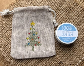 Calm Balm + Gift Bag with hand stamped Xmas tree. A Christmas Stocking or Eve Box filler, handmade, 100% organic + ecofriendly materials