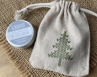 Be Still Balm in Hand Stamped Cotton Bag, Meditation, Mindfulness, Yoga, Yogi Gift, Prayer, Spa Retreat, Eco Organic, For Him, For Her