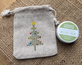 Wellness Balm + Gift Bag with hand stamped Xmas tree. A Christmas Stocking or Eve Box filler, handmade, 100% organic + ecofriendly materials