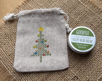 Fuzzy Head Balm + Gift Bag with hand stamped Xmas tree. A Christmas Stocking or Eve Box filler handmade with organic + ecofriendly materials