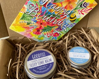 Happy Birthday Wellbeing Gift + Card, Sleep Time Balm and Calm Balm, For Him, For Her, an Ecofriendly Present, 100% Organic Aromatherapy