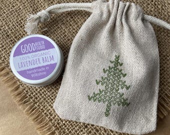 Organic Lavender Balm in Hand Stamped Eco Cotton Bag, Relax, Traditional, For Him, For Her, For Children 6mths+  No Nasties, Aromatherapy