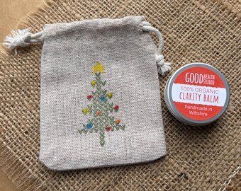 Clarity Balm + Gift Bag with hand stamped Xmas tree. A Christmas Stocking or Eve Box filler handmade with organic + eco-friendly materials