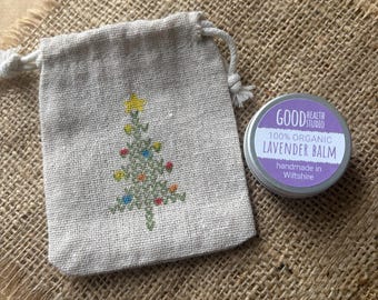Lavender Balm + Gift Bag with hand stamped Xmas tree. A Stocking or Christmas Eve Box filler, handmade, 100% organic + ecofriendly materials