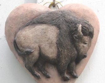 Buffalo FolkHeart Wall Bas Relief Sculpture, Painted Chalkware, Handmade in Virginia by D. Ball