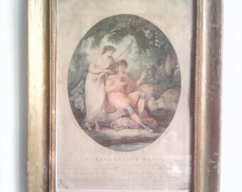 Framed Antique French Engraving of 18c English Pastoral poem, Strephon & Delia