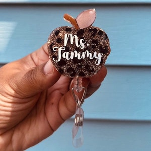 Personalized Gift for Teacher | Leopard Apple Badge Reel | Retractable | ID Holder | Teacher Gift from Student | Gift for Coworker