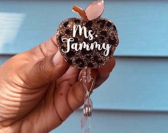 Personalized Gift for Teacher | Leopard Apple Badge Reel | Retractable | ID Holder | Teacher Gift from Student | Gift for Coworker