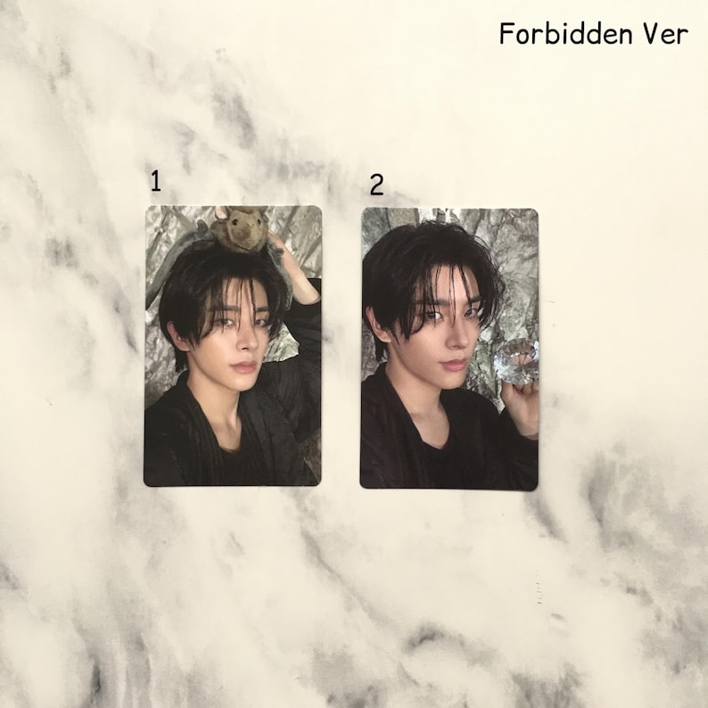 Op de afbeelding: Twee rechthoekige fotokaarten met een persoon met donker haar en een zwarte outfit. E&eacute;n kaart heeft een klein knuffeldier op het hoofd van de persoon. De tekst "Forbidden Ver" staat bovenaan.