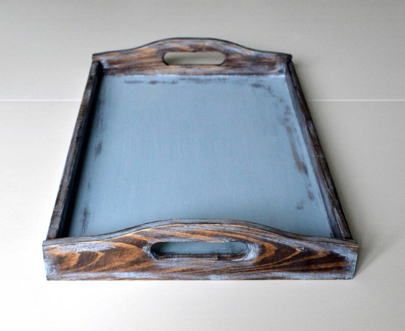 Breakfast Tray Wood Serving Rustic Wooden Shabby Chic Distressed Brown Blue Decorative Coffee Table