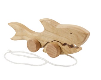 Handcrafted Shark Wooden Toy - Natural Waldorf Toy - Pull Along Toy for Toddlers