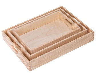 Untreated Wooden Serving Tray Set of 3 - Storage Ottoman & Unfinished Bathroom Tray with Handles