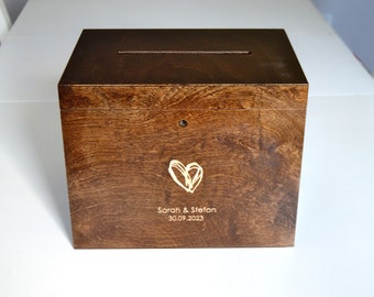 Elegant Dark Brown Wedding Money Box with Lock – Personalized Wood Card Box