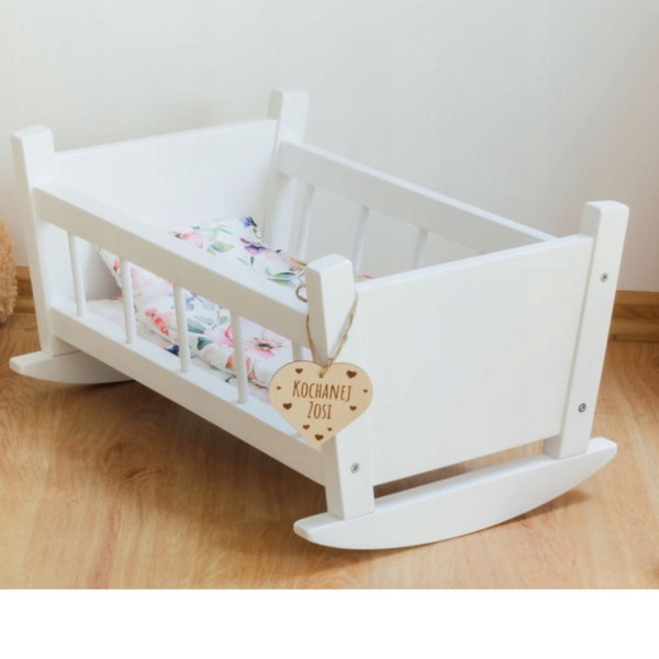 White Wooden Cradle for Doll - Charming Kids' Toy - Handmade Doll Bed & Doll Furniture