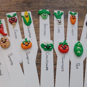 May include: A set of decorative garden plant markers, each topped with a smiling, sculpted vegetable or fruit. The markers include a red chilli, radish, sweetcorn, and other vegetables. The plant names are written below each sculpted figure.