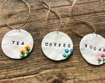 Tea coffee and sugar clay tags handmade labels food labels kitchen storage jar labels one only