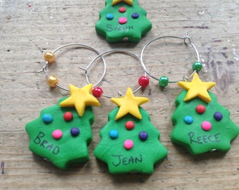 6 Christmas tree wine glass charms personalised Xmas handmade dinner party