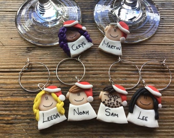 Personalised Christmas wine glass charms, Christmas cracker fill, advent calendar gift stocking filler name tags Christmas dinner tableware.