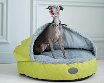 Dog cave bed / Green floor pillow for short haired dogs / Beds with cover and grey faux fur / Italian Greyhound sleeping shelter