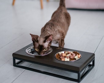 Suporte para comedouro e bebedouro de gatos / Alimentador de madeira para casa moderna